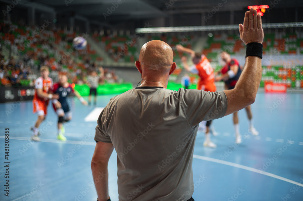 Referee gives signe by hand during handball match