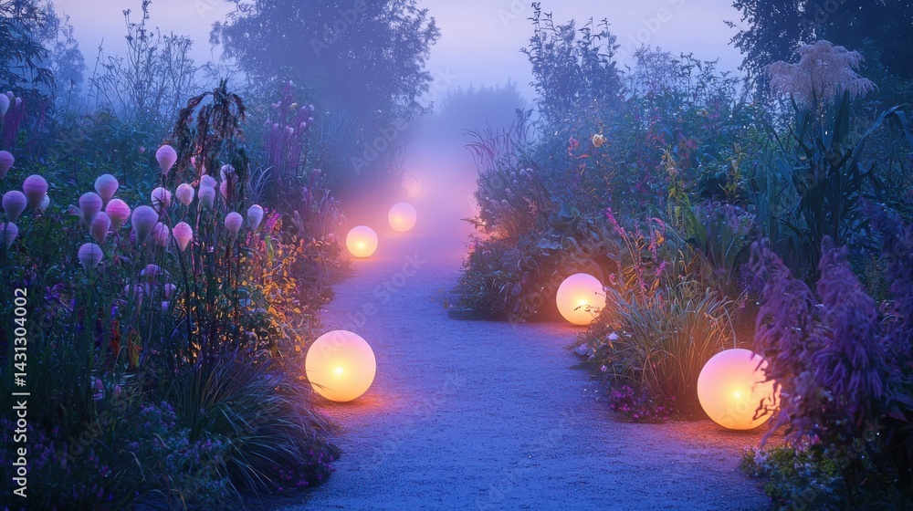Obraz premium Ethereal Garden Pathway Illuminated by Soft Glowing Orbs