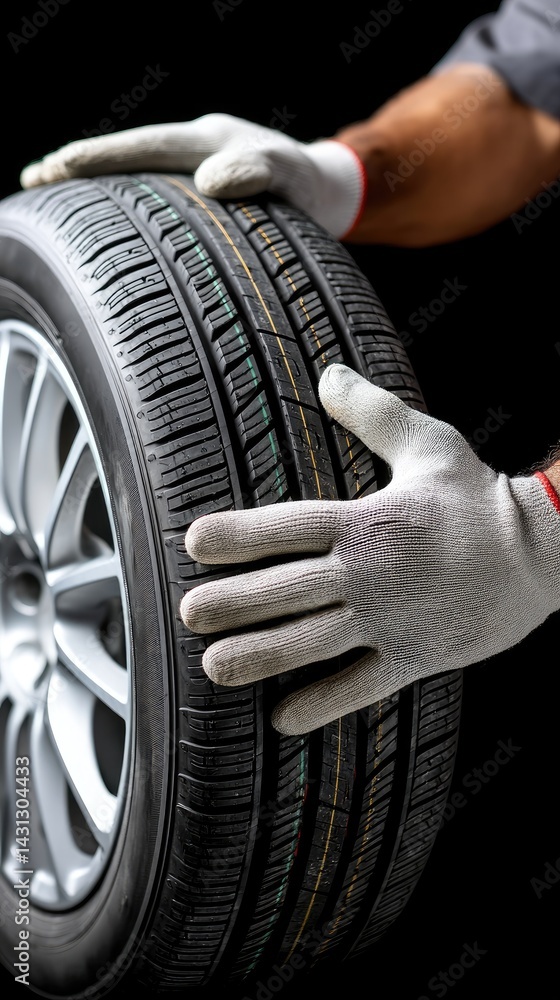 Closeup of mechanic's hands wearing gloves as he inspects a new tire in a dimly lit garage, reflecting attention to detail and precision