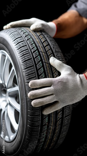 Obraz na płótnie Closeup of mechanic's hands wearing gloves as he inspects a new tire in a dimly lit garage, reflecting attention to detail and precision w salonie