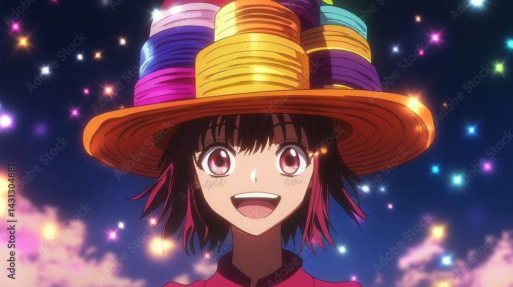 Joyful anime girl wearing a large, colorful hat. Joyful anime girl wearing a large, colorful hat.