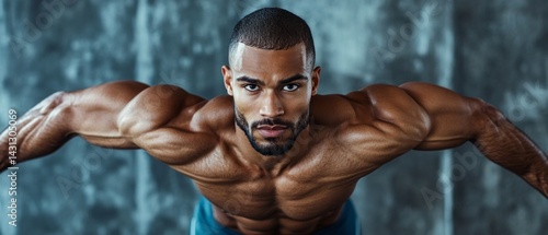 Muscular man poses showing relief muscles of arms and chest. Bodybuilding, fitness, motivation for training, sports nutrition advertisement.