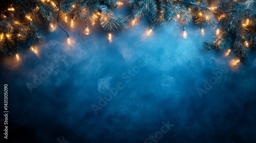 Winter composition with spruce branches and garlands on the background of blue sky with haze. New Year cards, posters, covers.