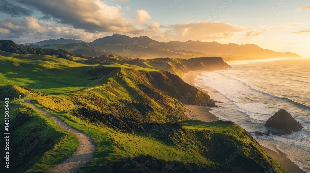 Fototapeta premium Coastal sunset scenic view, winding road, green hills, ocean waves