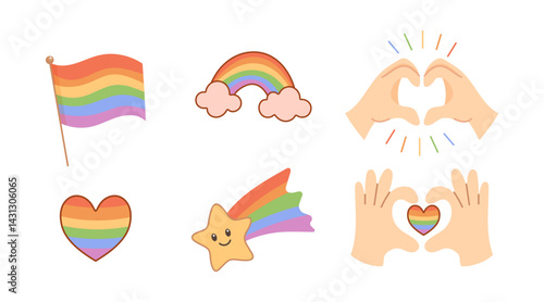 Cute LGBT pride icons with rainbow heart hands flag and smiling star