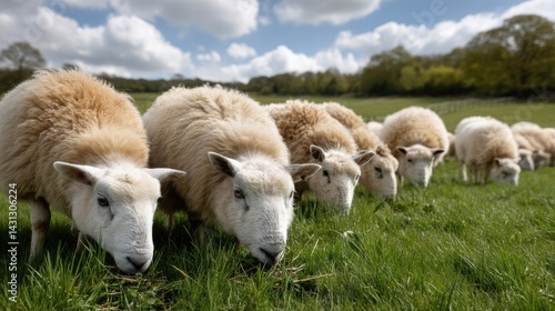 Obraz na płótnie Sheep enjoy fresh green grass on an English farm field beneath a clear blue sky and fluffy white clouds during springtime w salonie