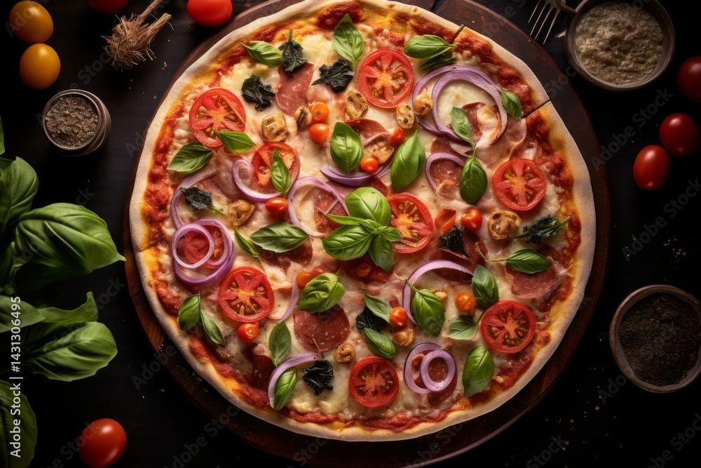 Capture the captivating view from above of a delectable Capriciosa pizza Capture the captivating view from above of a delectable Capriciosa pizza