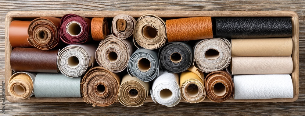 A collection of leather rolls in various colors laid out on a dark wood surface, showcasing texture and craftsmanship with soft shadows