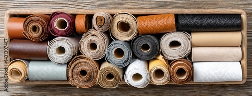 Obraz na płótnie A collection of leather rolls in various colors laid out on a dark wood surface, showcasing texture and craftsmanship with soft shadows w salonie