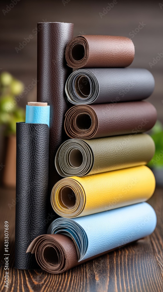 Various colorful leather rolls arranged on a table in a workshop, highlighting the textures and hues for a product display