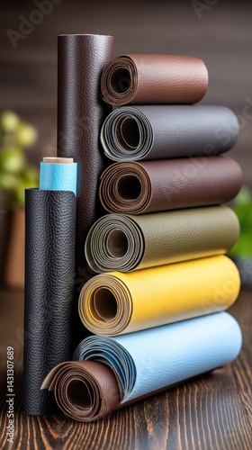 Obraz na płótnie Various colorful leather rolls arranged on a table in a workshop, highlighting the textures and hues for a product display w salonie