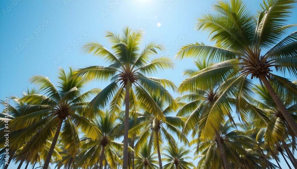 Cluster of tall tropical palm trees with lush green fronds swaying gently under a clear blue sky Cluster of tall tropical palm trees with lush green fronds swaying gently under a clear blue sky