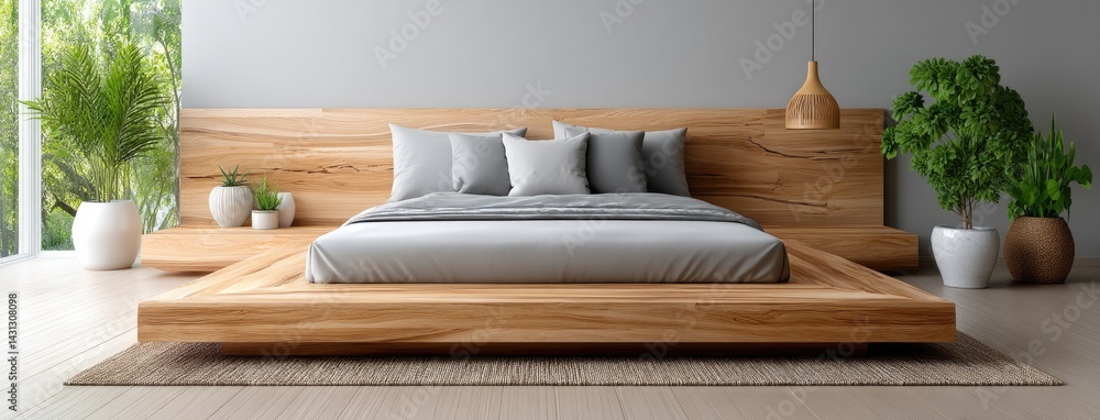 Bright and airy Scandinavian bedroom with a cozy double bed, wooden accents, and greenery enhancing a tranquil atmosphere