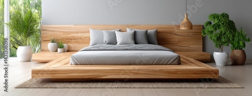 Obraz na płótnie Bright and airy Scandinavian bedroom with a cozy double bed, wooden accents, and greenery enhancing a tranquil atmosphere w salonie