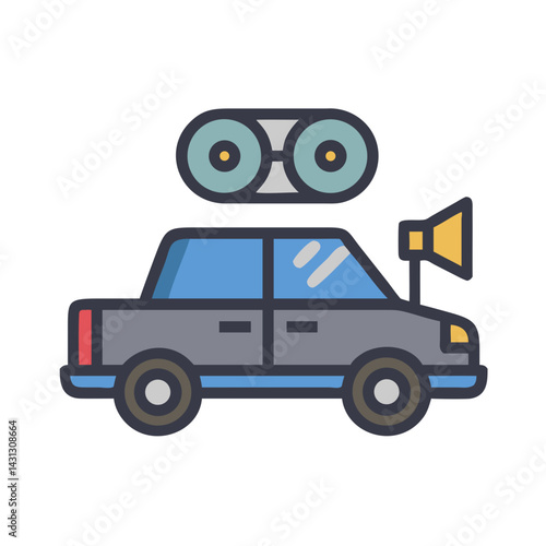 Campaign Car Icon: Loudspeaker and Banner Vehicle Illustration on Black Background