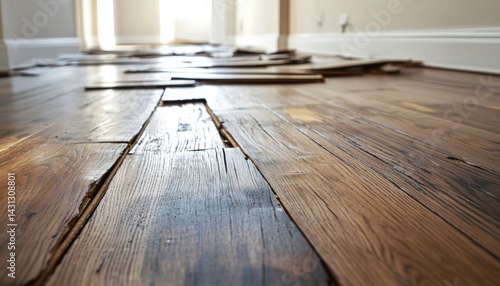 wooden floor damage showing concentric water rings and cupped boards near a bathroom doorway after plumbing failure