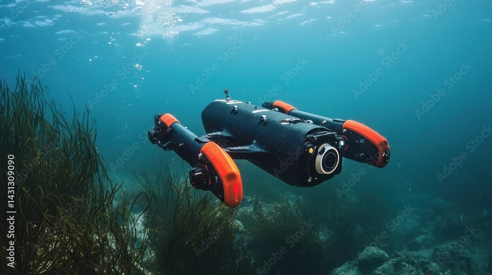 An advanced AI-powered underwater drone studying marine life in vivid detail.