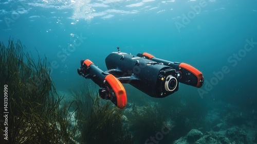 Obraz na płótnie An advanced AI-powered underwater drone studying marine life in vivid detail. w salonie