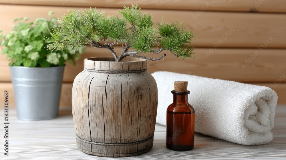 Wooden bucket with pine branch and oil dish next to soft towel, set against log wall of modern rustic bathhouse for relaxation
