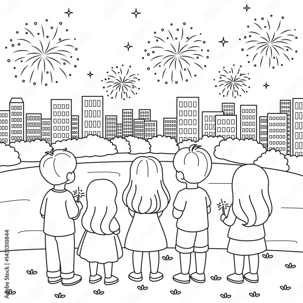 4th of July, A Group of Children Watching Fireworks at Night Coloring Page for Kids