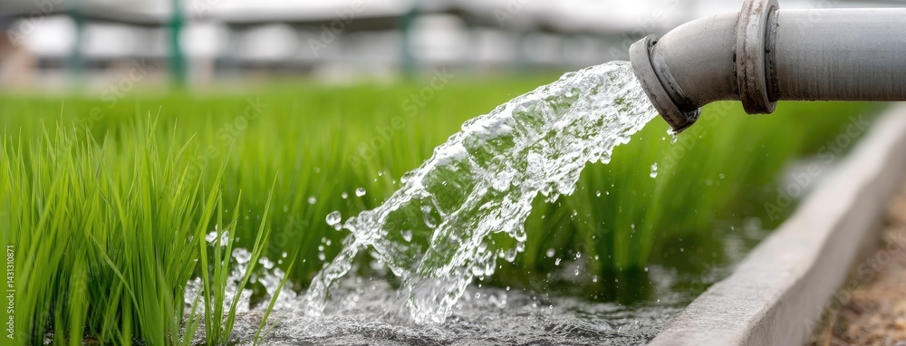 Water flows from pipes into green rice fields, promoting healthy growth of seedlings in an expansive agricultural setting