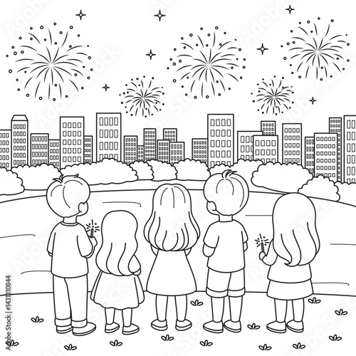 Obraz na płótnie 4th of July, A Group of Children Watching Fireworks at Night Coloring Page for Kids w salonie