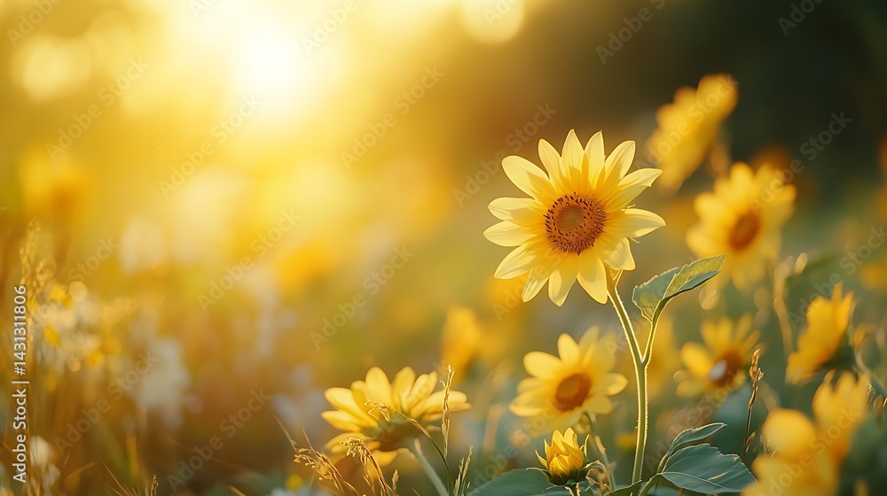 Sunflower in Dewy Meadow at Sunrise, A single sunflower in a dewy meadow at sunrise, with warm sunlight creating a serene atmosphere Sunflower in Dewy Meadow at Sunrise, A single sunflower in a dewy meadow at sunrise, with warm sunlight creating a serene atmosphere