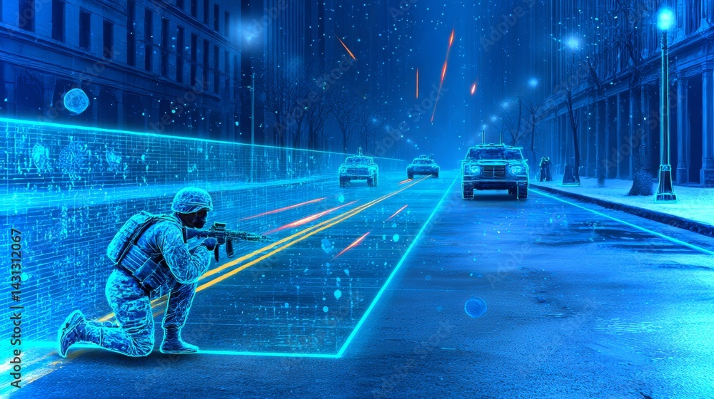 Military soldier using hologram technology during tactical operations on urban battlefield