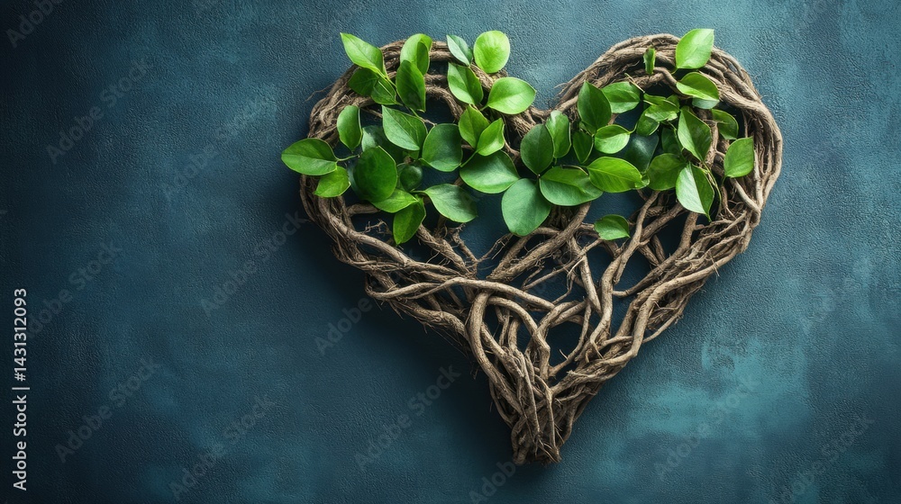 Entangled Roots and Fresh Green Leaves Create a Beautiful Heart Symbolizing Love and Growth in Nature Generative AI