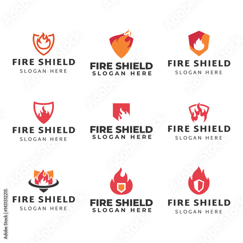 Set of Shield Logo designs vector, Fire Shield logo designs concept isolated on white background.