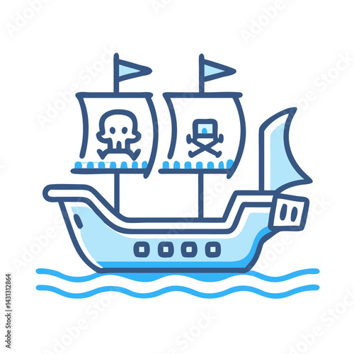 Cartoon Pirate Ship Sailing on the Ocean Waters with Jolly Roger Sails