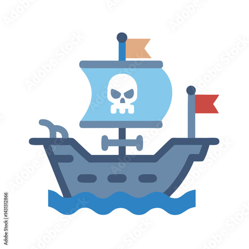 Cartoon Pirate Ship Illustration on Wavy Blue Sea Against Black Background