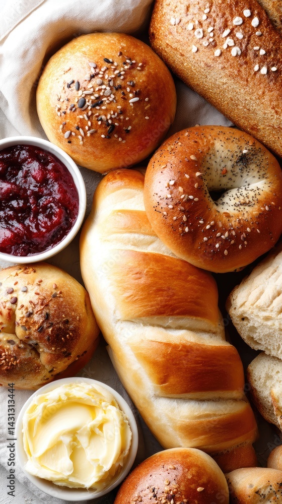 Various breads and pastries are beautifully arranged on a white tablecloth with butter and jam in small bowls nearby