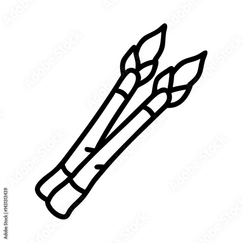 Two stalks of asparagus are shown in a simple line drawing with white background and black outlines