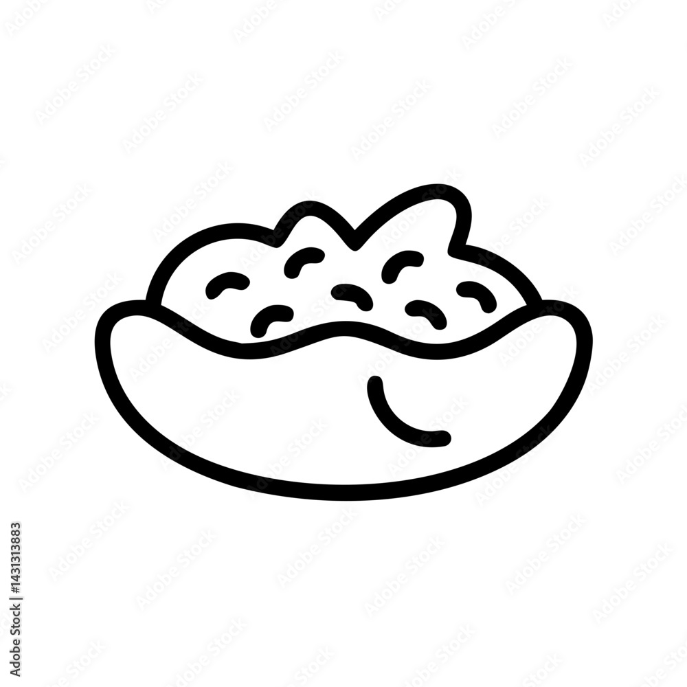 Outline drawing of a bowl filled with small rounded pieces of food or other material inside it Outline drawing of a bowl filled with small rounded pieces of food or other material inside it