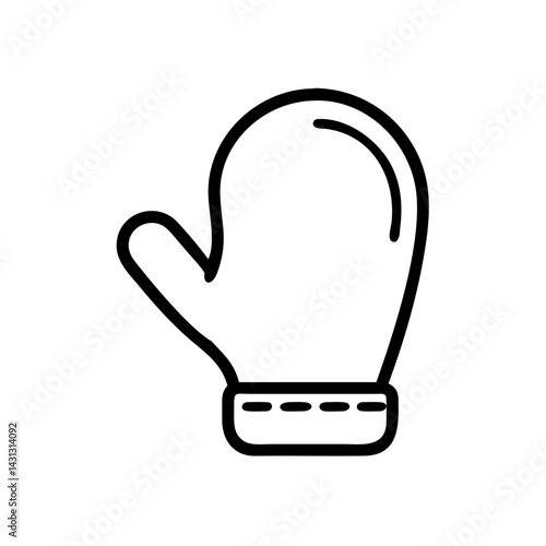 Illustration of a simple winter mitten with a cuff and thumb in black outline on a white background
