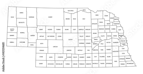State of Nebraska, subdivided into 93 counties, outline map. Triply landlocked state in the Midwestern region of the United States, nicknamed The Cornhusker State. Map with county borders and names.