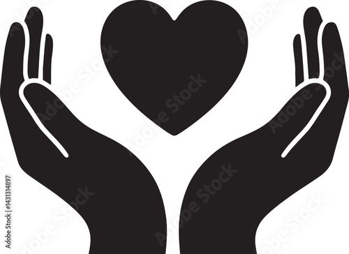 Heart in hand silhouettes. Care and support icon, Hands holding heart icon. Healthcare hands holding heart flat silhouette vector