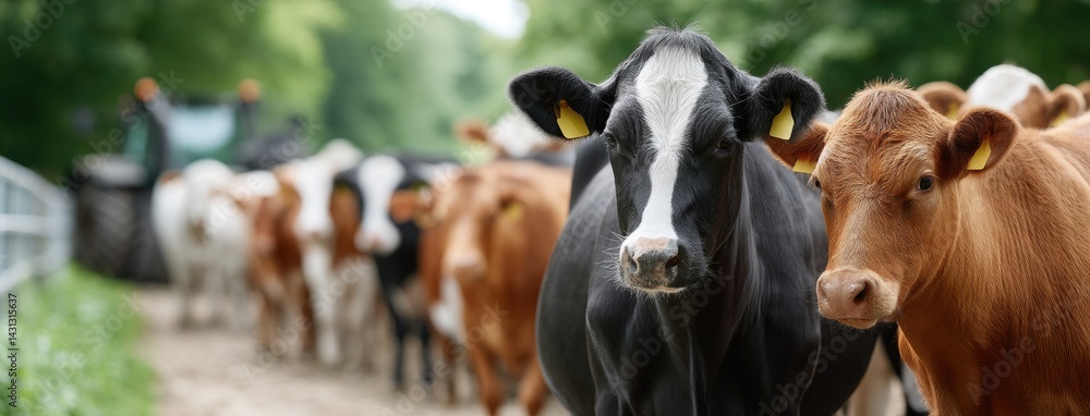 Happy black and white cows with yellow ear tags roam in green pastures accompanied by farm equipment under natural light