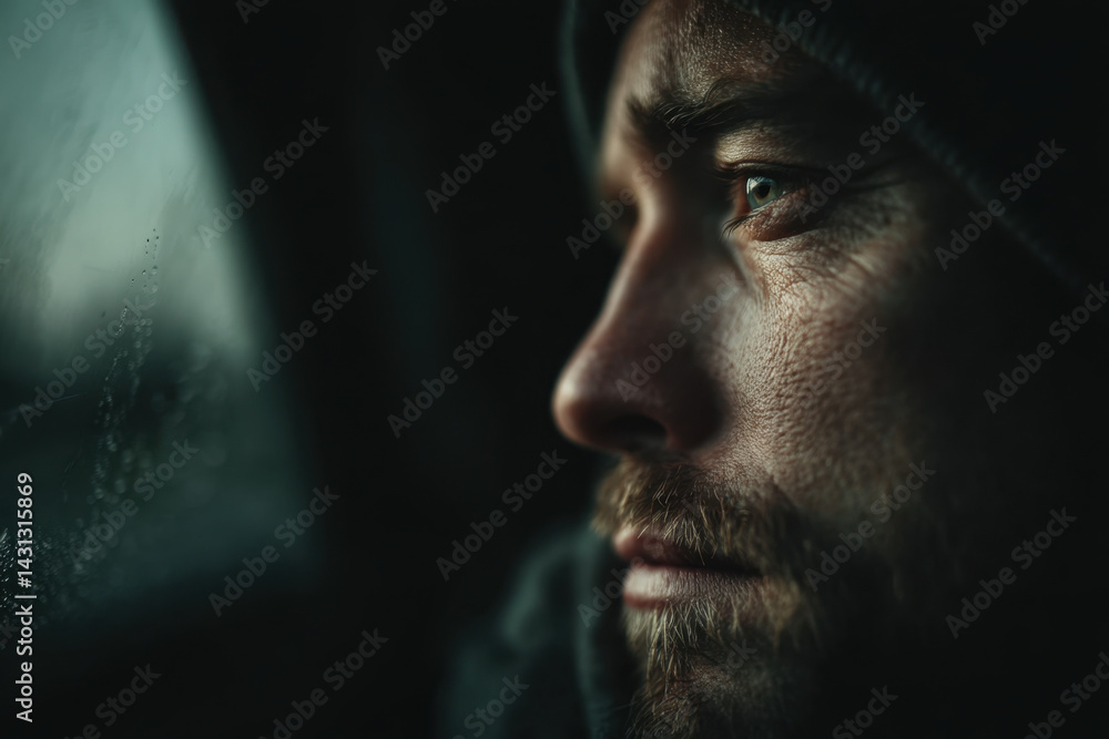 Man glimpses outside plane window, eyes captivated by vast expanse of clouds below. Man glimpses outside plane window, eyes captivated by vast expanse of clouds below.