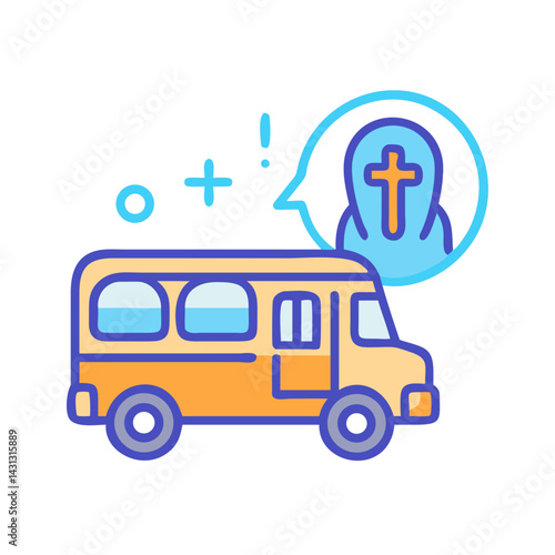 Church Bus Icon with Cross Symbol in Thought Bubble