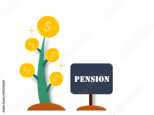 Vector illustration of a money tree with golden coins and written text Pension on blue sign board. Concept of investment for retirement and pension.