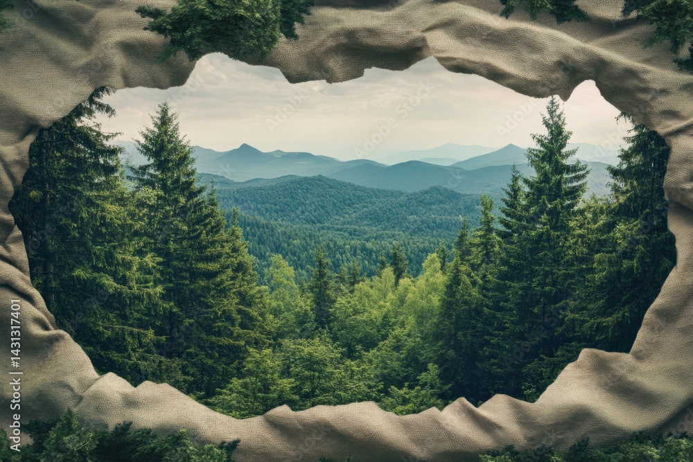 Creative Zipper Opening Reveals a Breathtaking Forest and Mountain View Behind Canvas, Showcasing a Secret Wildscape Generative AI