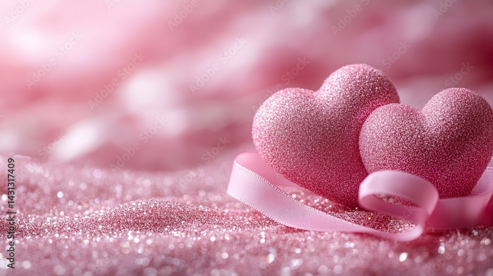 Fototapeta premium Romantic Valentine's Day background with two pink hearts and soft ribbon on glittery pink surface 