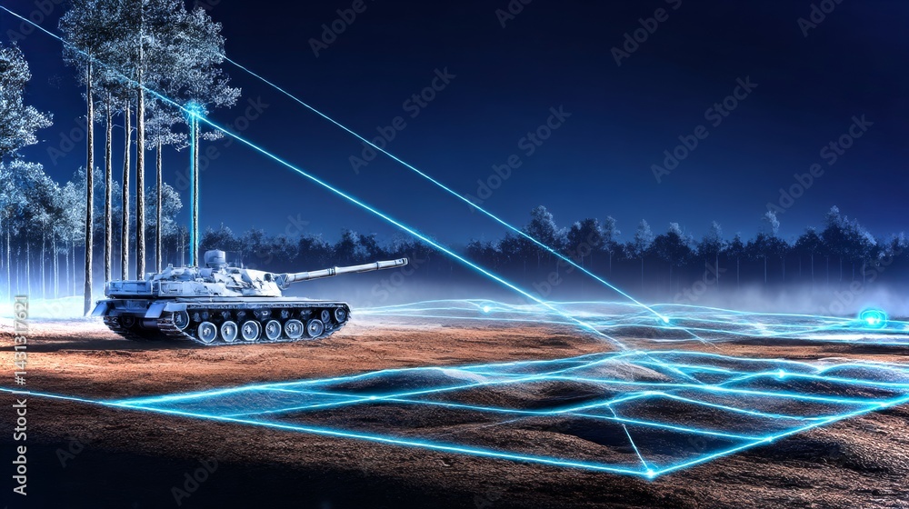 Military tank utilizing advanced holographic technology in a strategic training environment