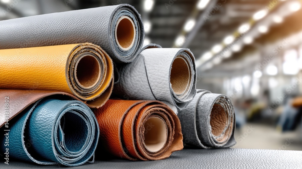 Coiled leather rolls rest on a table in a workshop, highlighting craftsmanship with a raw, artistic aesthetic and bokeh background