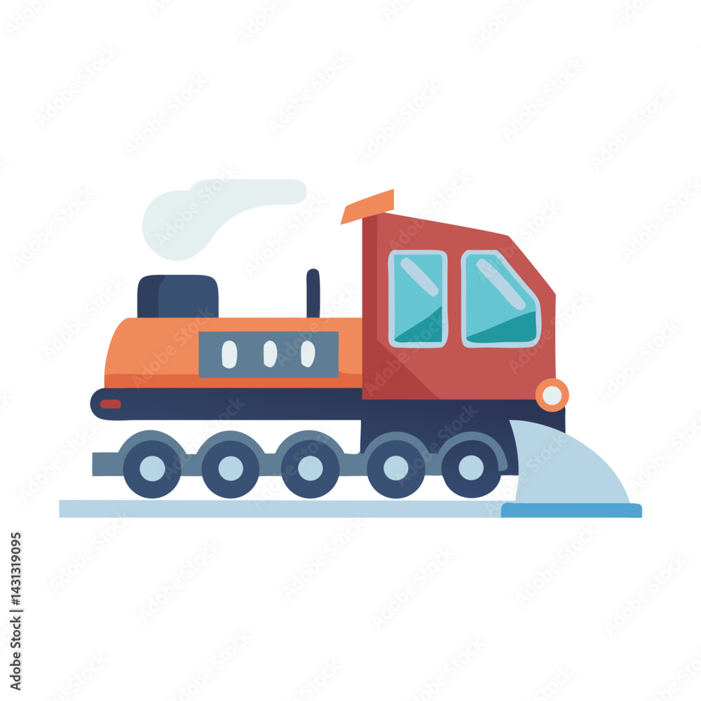 Naklejka premium Cartoon Snowplow Train on Tracks with Steam on a Black Background