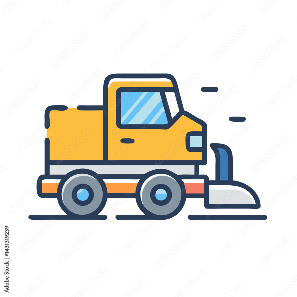 Naklejka premium Yellow Street Sweeper Truck Illustration with Blue Outline on Black Background
