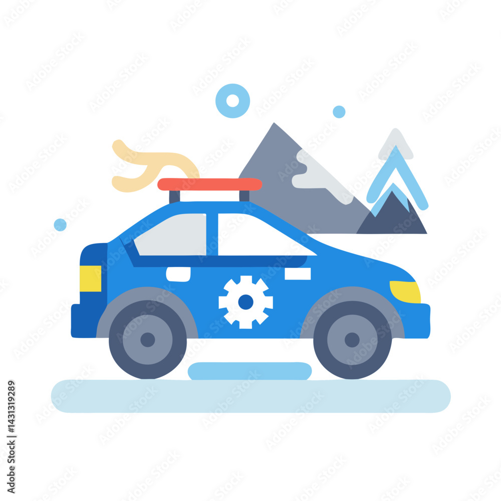 Naklejka premium Blue Service Vehicle in Snowy Mountain Landscape Illustration on Black Background