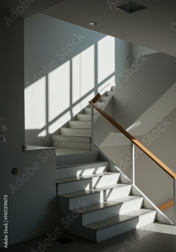 Modern minimalist stairway inside house with natural sunlight casting shadows on white steps and sleek wooden handrail in contemporary interior design